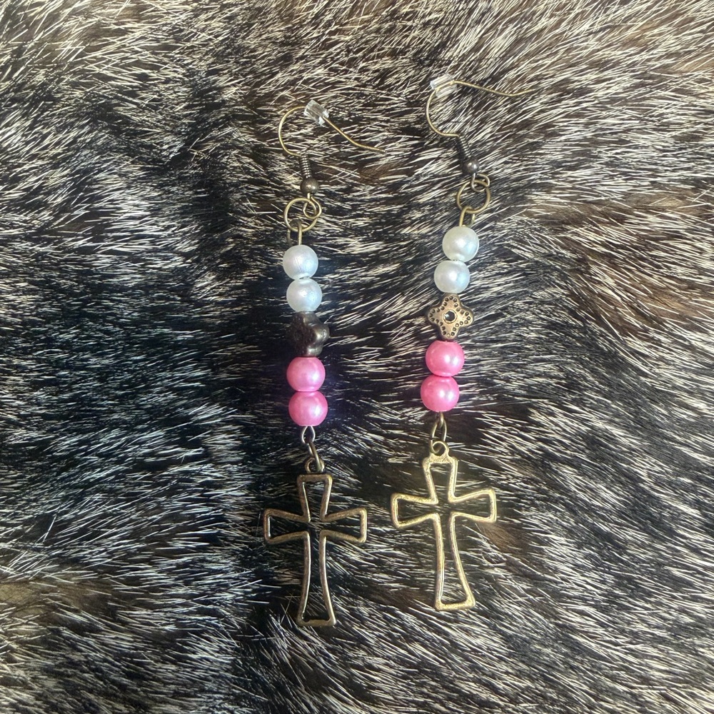 Gold Cross Dangle Earrings with Pink and White Beads